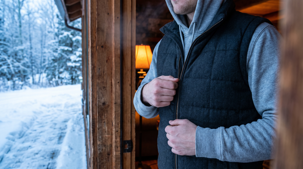 Person zipping a dark vest before stepping out into a snowy morning