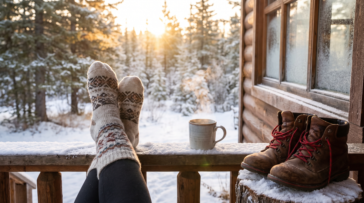 Feet in wool socks next to winter boots on a snowy porch