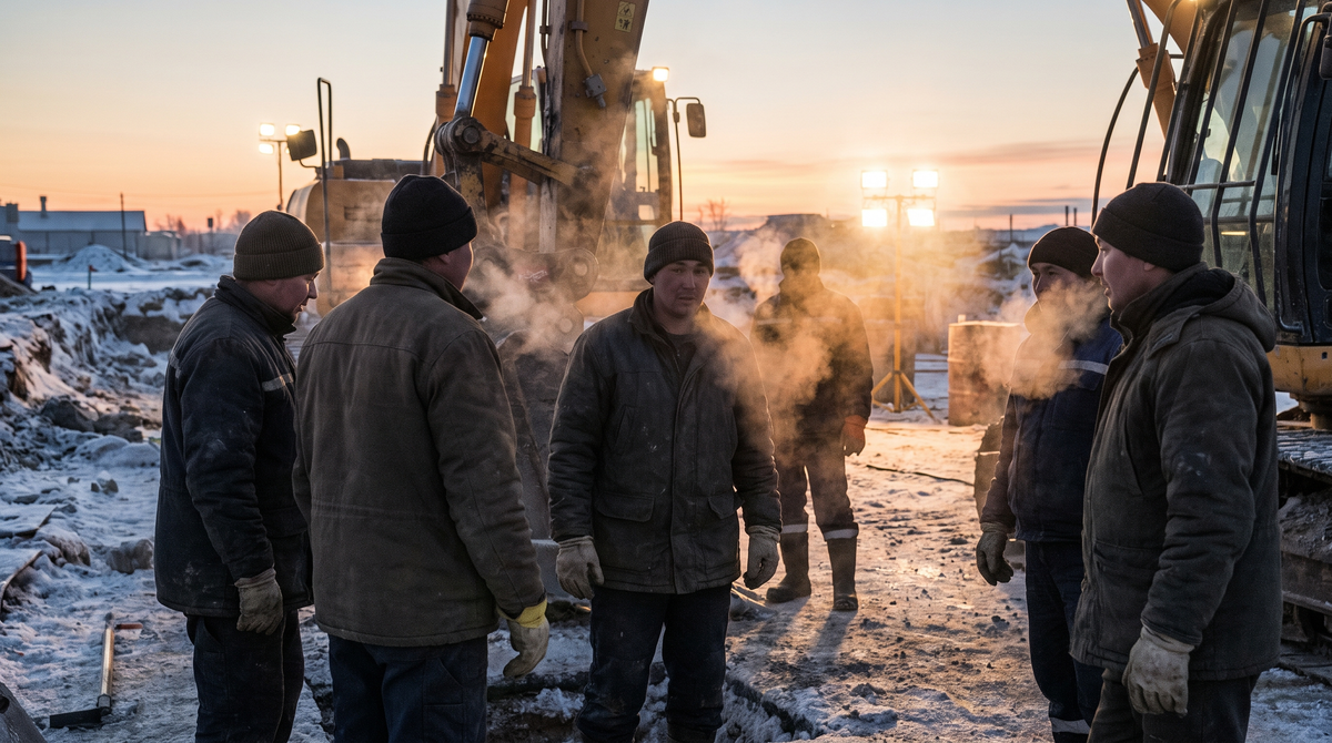 Outdoor work crew on a frozen job site at dawn