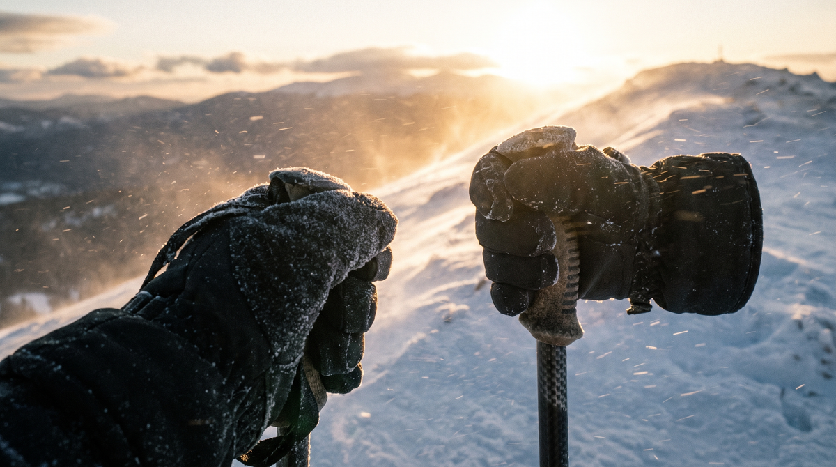 Gloved hand gripping a ski pole in cold wind