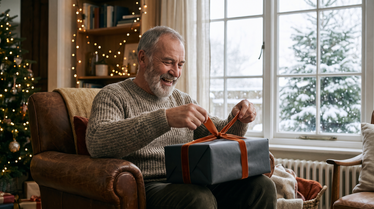 Man unwrapping a winter gift at home