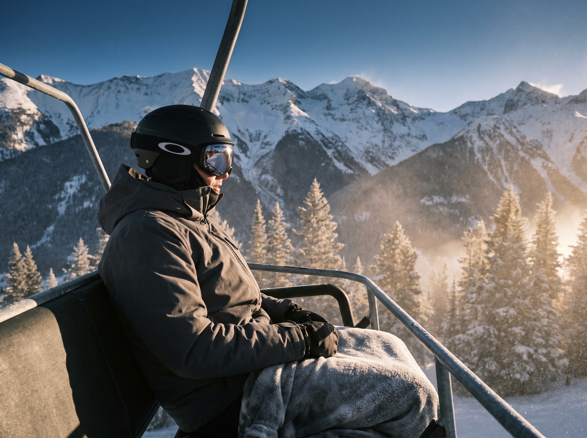 Skier on a chairlift on a cold clear morning