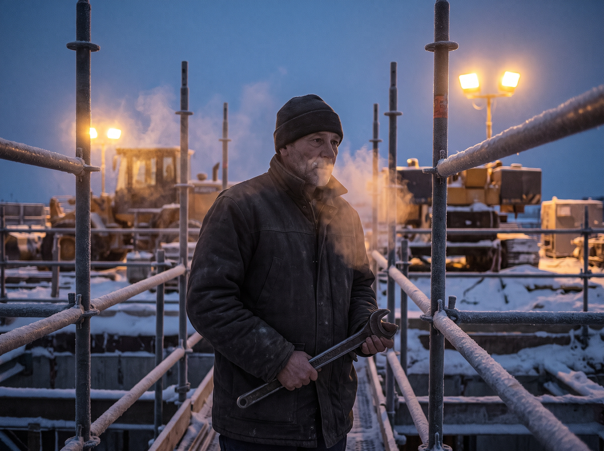 Outdoor worker on a snowy job site before sunrise