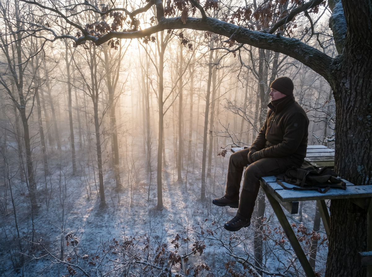 Hunter sitting in a tree stand over a frosty forest at first light