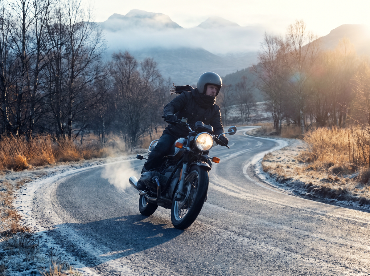 Motorcyclist on a cold mountain road