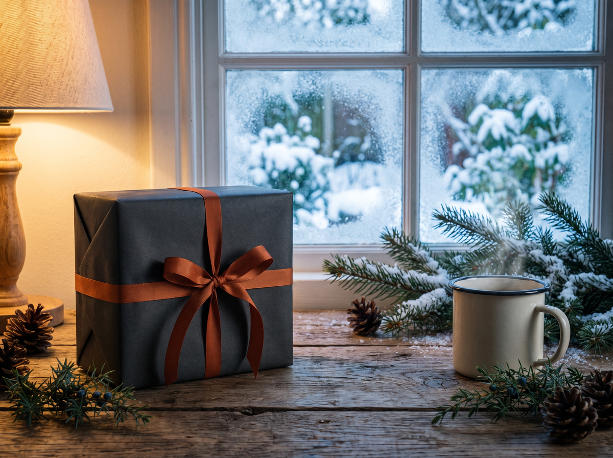 Wrapped winter gift beside a frosted window