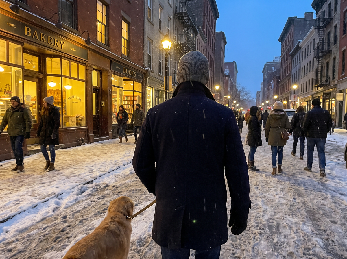 Walking a dog on a snowy city street at dusk