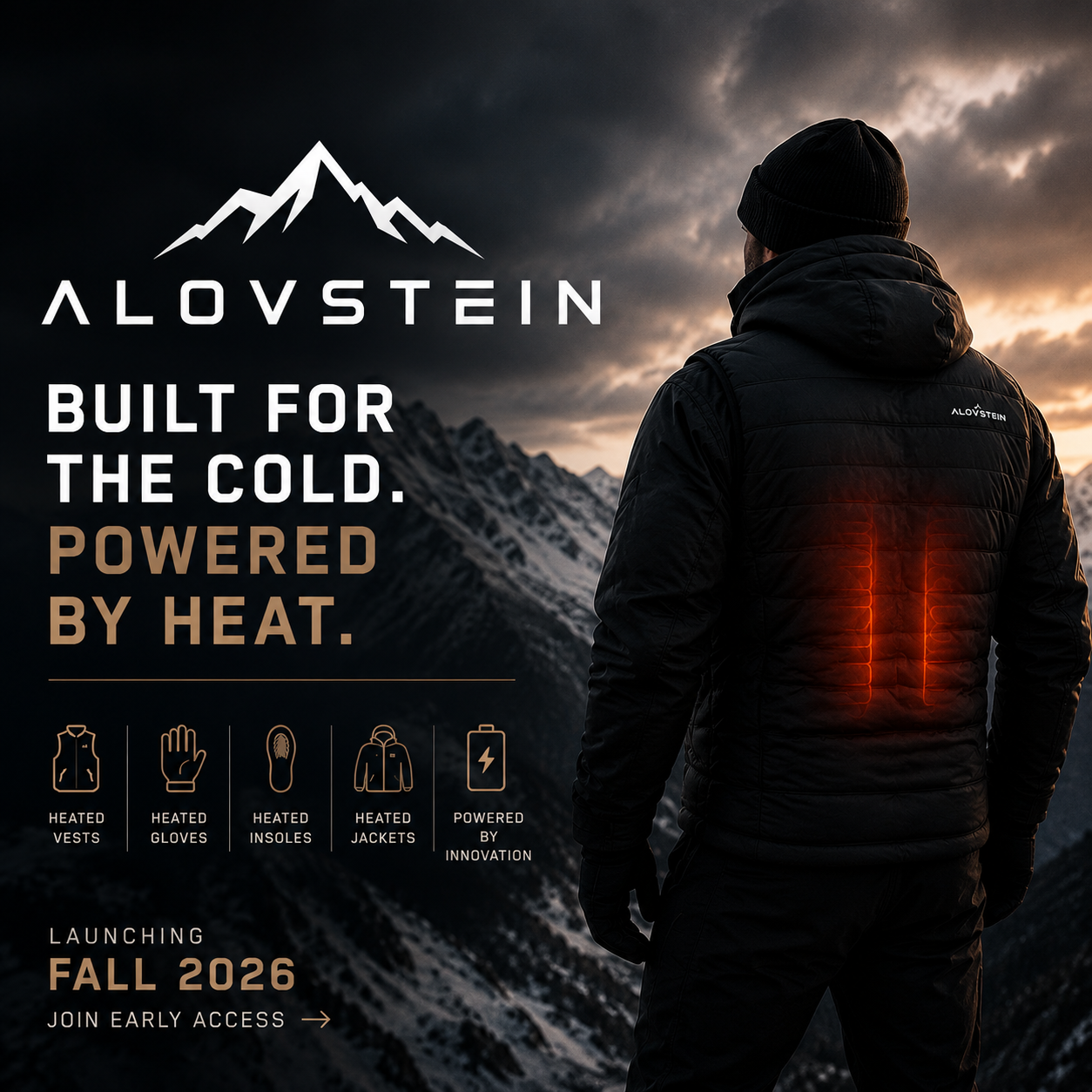 A person wearing a black Alovstein heated jacket stands in a snowy mountain landscape at dusk, viewed from behind. The jacket has glowing orange heat-light bars over the back, with large promotional text on the left reading 'ALOVSTEIN BUILT FOR THE COLD.
