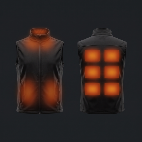 Heated vest heating zones at collar, front pockets and back