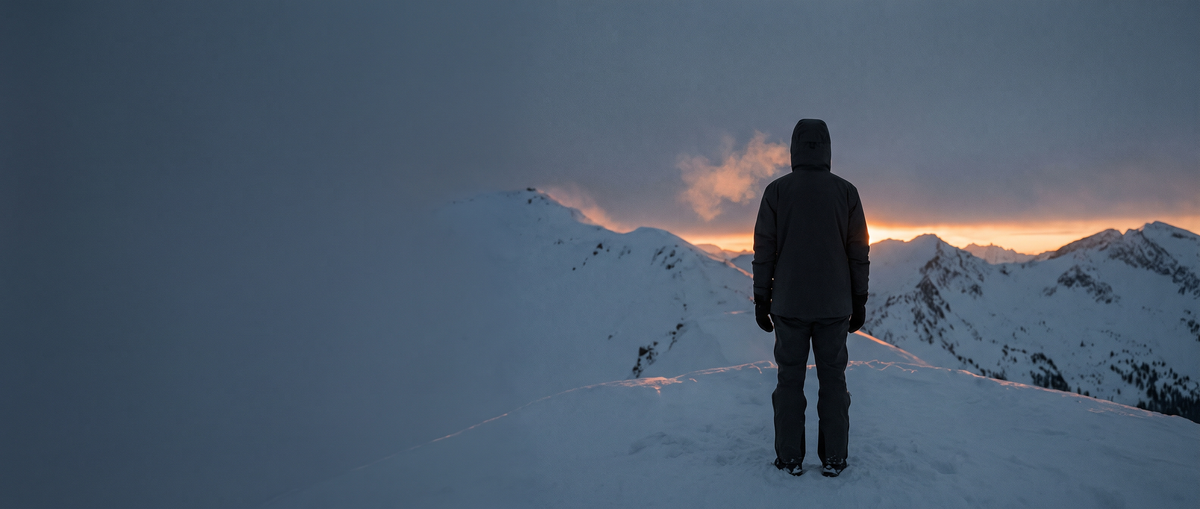 Person on a snowy mountain ridge at sunrise