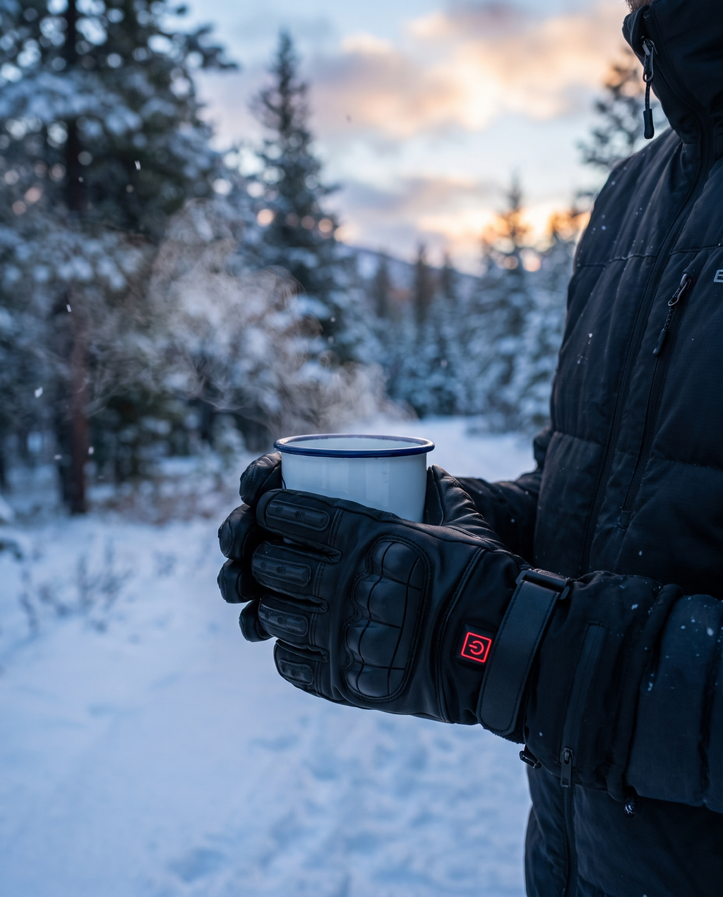 Hands in ALOVSTEIN heated gloves holding a camp mug in the snow