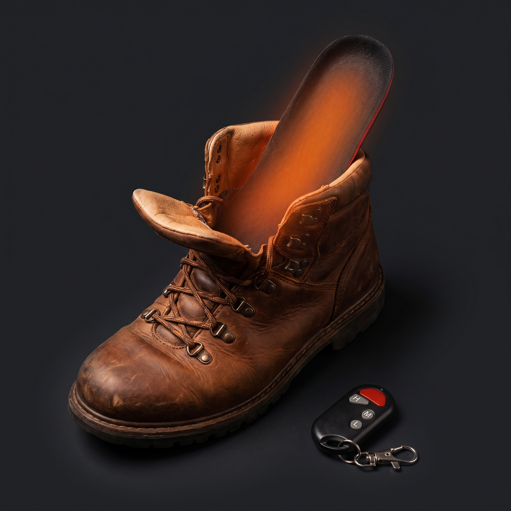 Heated insole warming inside a hiking boot, with remote