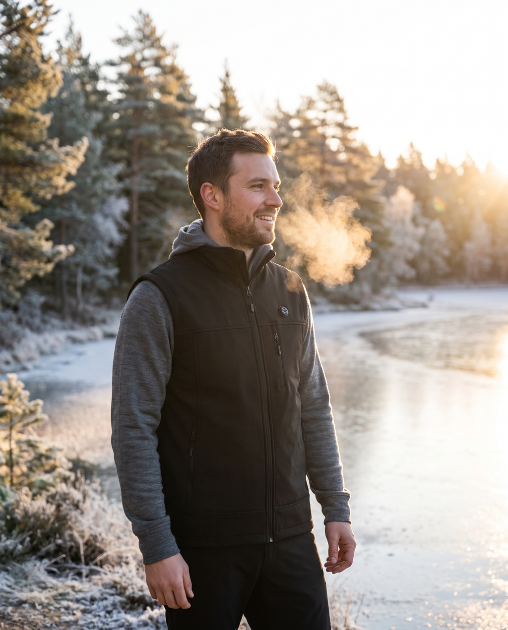 Man wearing the ALOVSTEIN heated vest by a frozen lake
